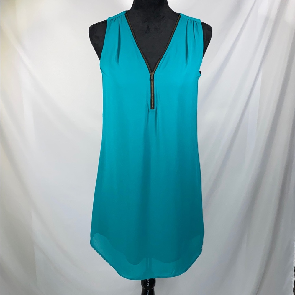 Vintage 90s Iz Byer Teal Sheer Mesh Overlay Zipper Mini Dress Small